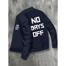 Plus Size NO DAYS OFF College Style Comfy Stand Collar Jacket - Slightly Stretch Stylish Zip Up For Autumn & Winter