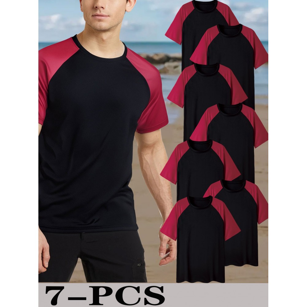 7pcs Men'S Plus Size T-Shirts - Casual Crew Neck, Short Sleeve, Color Block Design, Polyester, Summer Sporty Tops with 
