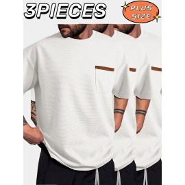 3pcs Men'S Plus Size Casual Short Sleeve T-Shirt Set, Essential Basic Tee - Breathable, Soft & Comfortable Waffle Fabric, Solid Color, Round Neck, Perfect for Casual Attire, PLUS SIZE, Men'S Set On, Men'S White Beach Set, Men'S Training Suit Set, Men'S Beach Set For Large Sizes