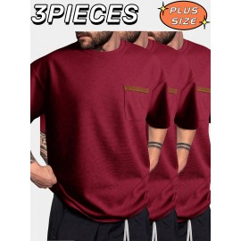 3pcs Men'S Plus Size Casual Short Sleeve T-Shirt Set, Essential Basic Tee - Breathable, Soft & Comfortable Waffle Fabric, Solid Color, Round Neck, Perfect for Casual Attire, PLUS SIZE, Men'S Set On, Men'S White Beach Set, Men'S Training Suit Set, Men'S Beach Set For Large Sizes