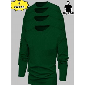 [Soft Plus Size T-Shirts] 4pcs Men's Plus Size Long Sleeve T-Shirt Set - Soft & Comfortable, 95% Polyester 5% Spandex, Solid Color, Round Neck, Casual Style, Perfect for Fall, Daily Wear