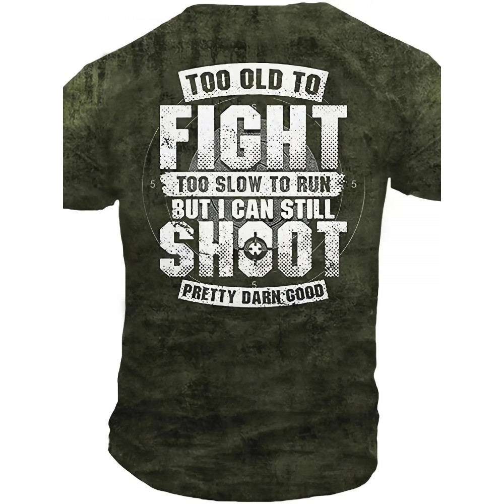 Men's Bold Graphic T-Shirt - Funny Shooting Sports Saying Back Print - Dark Olive Green Crew Neck Tee - Stretch Fabric Casual Shirt for Everyday & Weekend Outfits - Machine Washable Adult Sizes, Relaxed Style, Statement Design, Comfortable Fit, Short Sleeve Top, Humor Lovers, PLUS SIZE
