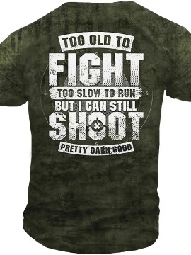 Men's Bold Graphic T-Shirt - Funny Shooting Sports Saying Back Print - Dark Olive Green Crew Neck Tee - Stretch Fabric Casual Shirt for Everyday & Weekend Outfits - Machine Washable Adult Sizes, Relaxed Style, Statement Design, Comfortable Fit, Short Sleeve Top, Humor Lovers, PLUS SIZE