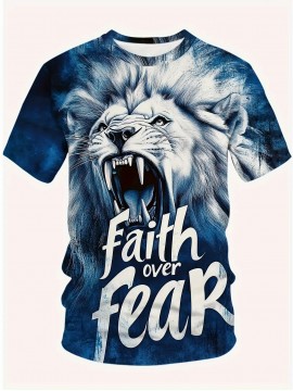 Men's Lion Face T-Shirt with Lion & 'Faith Over Fear' Slogan Print - Oversized Streetwear Tee, Plus Size Casual & Party Outfit, Comfortable Short Sleeve Shirt, Machine Washable White & Blue Lion Design, PLUS SIZE, Mens Trendy Shirts, Tshirt For Men, Mens Tshirt, T Shirt For Men Plus Size, Oversized T Shirt Men, Plus Size Mens T Shirt, Shirts For Men Plus Size, Plus Size Mens Clothing, Plus Size Men Clothing, Mens Shirts, Mens Tshirts, Mens Plus Size Shirt, Fathers Day Gift,