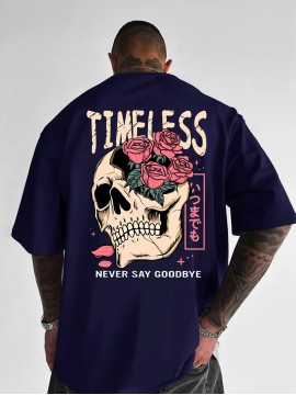 Men's Gothic Skull & Rose T-Shirt with Back Print - Oversized Streetwear Fit, Bold 