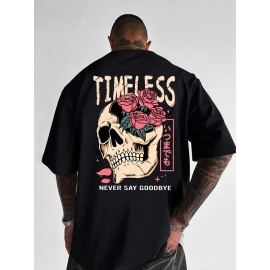 Men's Gothic Skull & Rose T-Shirt with Back Print - Oversized Streetwear Fit, Bold 
